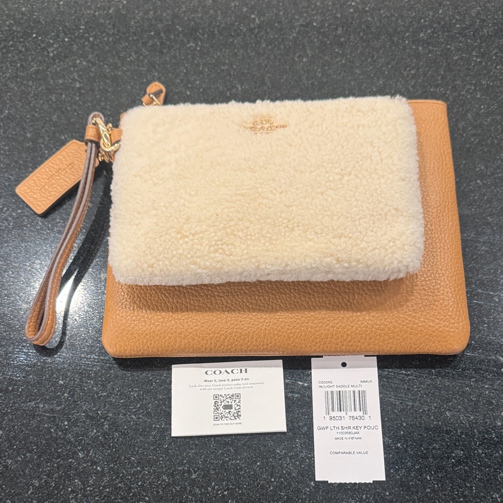 Coach Tan Leather and Cream Genuine Shearling Women's Pouch Set